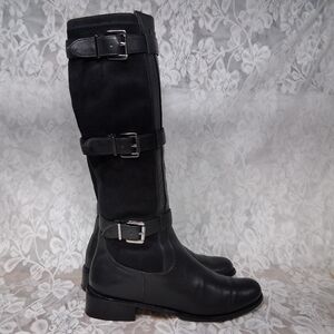 Jildor Black Leather Boots Microsuede Buckle Accent Side Zipper Riding Boots 7M